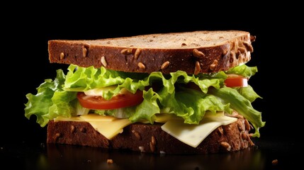 Whole Wheat sandwich with dark bread with Swiss cheese and lettuce isolated