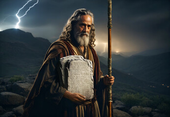 Moses holding the ten commandments stone tablet. Religious biblical theme concept.