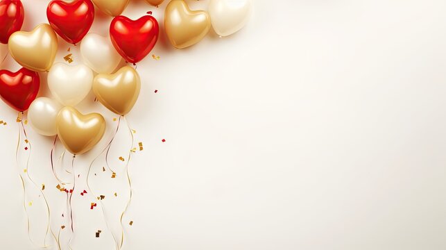 St Valentine's Day concept. Top view photo of heart shaped red yellow balloons and golden confetti on isolated pastel beige background with copyspace