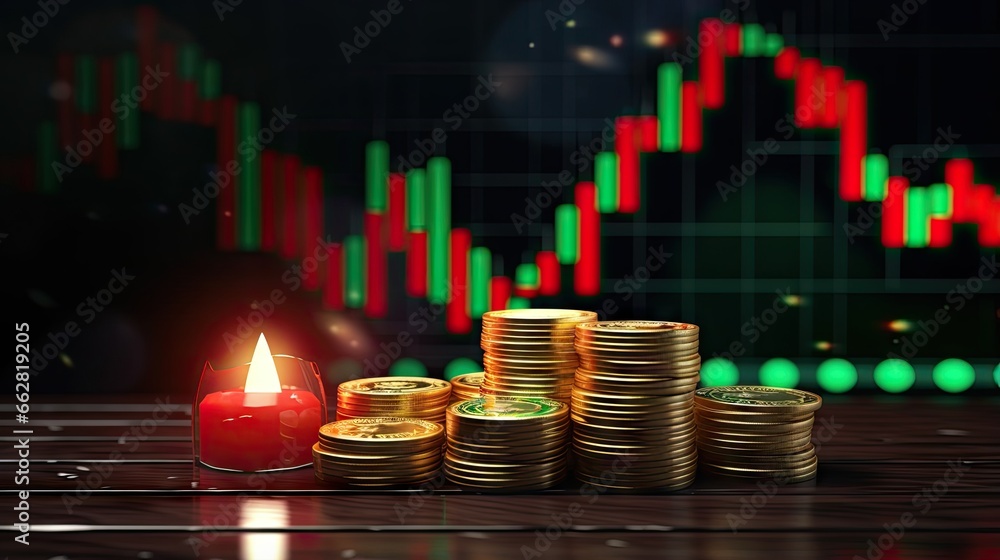 Poster The market volatility of crypto trading with technical price graph and indicator, red and green candlesticks, for analysis up and downtrend. Stock trading, crypto currency background concept.