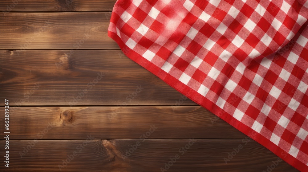 Aufkleber Red checkered tablecloth on empty wooden table. Napkin close up top view mock up for design. Kitchen rustic background.