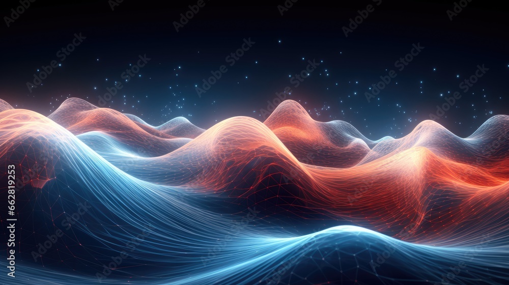 Fototapete big data field of a stream of interlaced strings. 3d illustration of wavy cyberspace