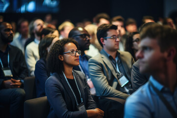 Business woman sitting in dark crowded auditorium at an international business conference. - obrazy, fototapety, plakaty