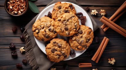 Homemade gluten free oatmeal cookies with dark chocolate and nuts on white wooden background, top view. Healthy eating, ancient grain food concept.