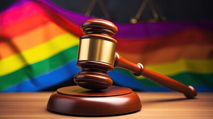 LGBT rights and laws concept. Wooden judge gavel on LGBT flags.