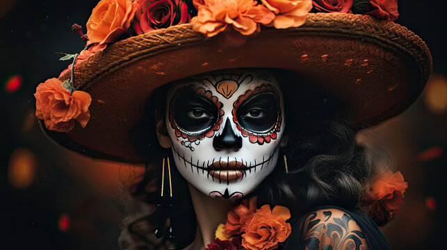 Illustration of a beautiful woman dressed for Mexican Day of the Dead. Dia de los muertos, AI generated image
