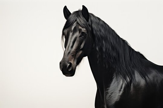 majestetic black horse stands in front of a white background, half body portrait