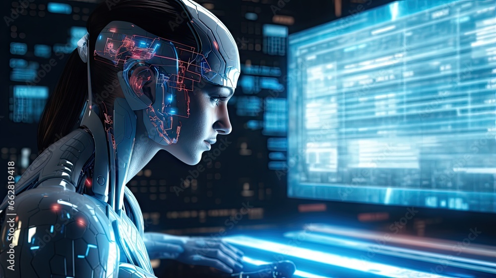 Poster Artificial intelligence technology competition machine learning future digital technology, 3D robot with futuristic GUI graphics metaverse cyber space background.