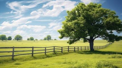 Fototapeta na wymiar A vast Greenery field with white fence at a farm located in Kentucky, USA