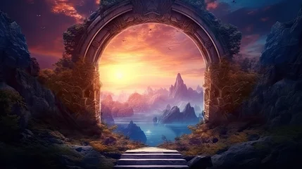 Rolgordijnen Magic Gate. Mysterious Entrance portal to Fantasy world. Ancient ruins. Passage to another world. Stone door to an alien world. Fantasy landscape with sunrise. Fairy-tale scene. 3D art © HN Works