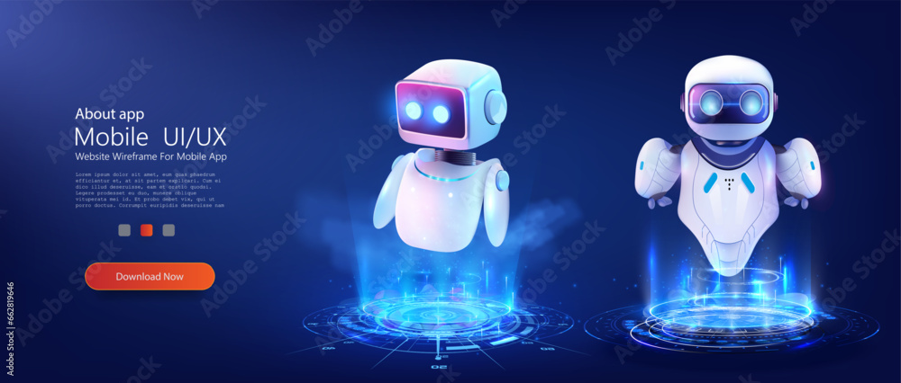 Poster Futuristic Robotic Illustration for Mobile Design with Digital Holographic Platform. AI chat bot based on artificial intelligence, neural networks. 3D vector illustration isolated on blue background