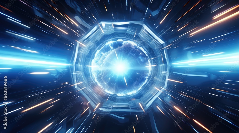 Aufkleber 3d Rendering. Flight in abstract sci-fi tunnel. Futuristic motion graphics, high tech background. Time warp portal, lightspeed hyperspace concept. Glowing hi tech texture. Cyberpunk