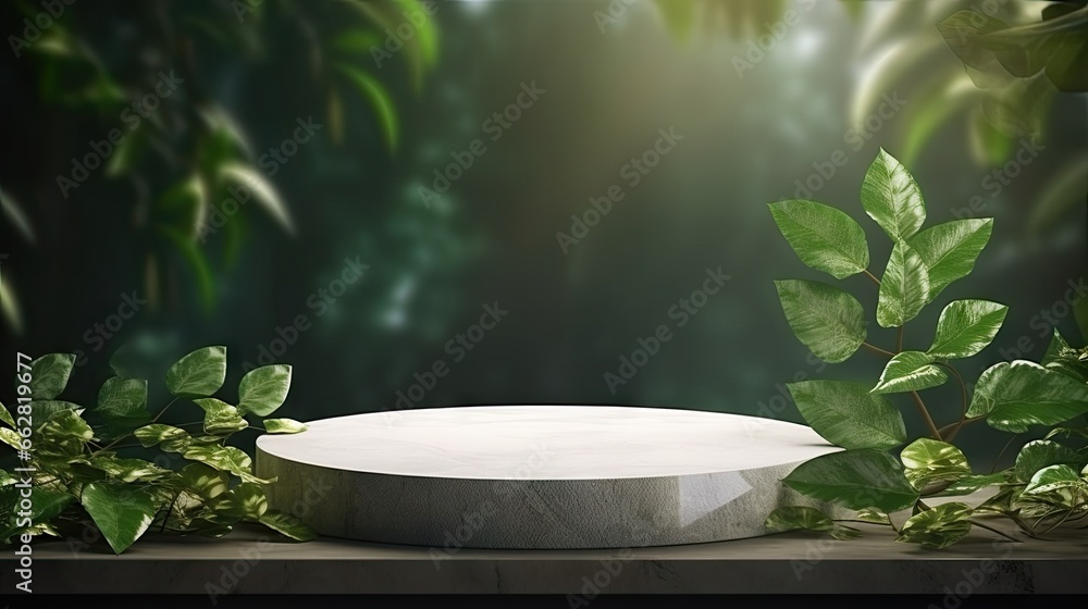Poster stone product display podium with nature leaves background. 3d rendering
