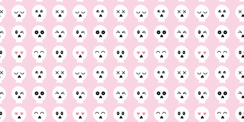 Seamless pattern white emoticon skulls on pink background for halloween in flat vector style