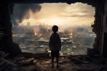 Back view of child looking at destroyed city from inside his home. Lonely boy standing against the background of a bombed out fuming city.