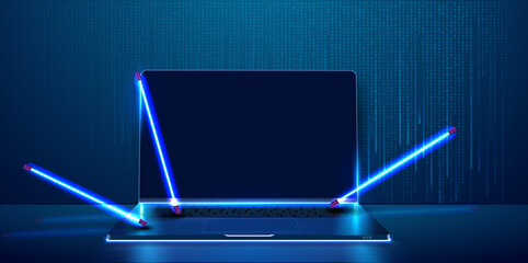 Advanced Laptop with Glowing Connectivity Lines Amidst Binary Data Stream, Illustrating Secure Digital Communication and Cybersecurity. Technological background with a laptop. Vector illustration - obrazy, fototapety, plakaty