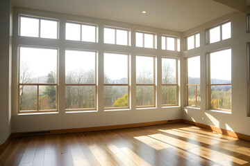 The large windows flood the room with natural light, further enhancing the inviting and airy atmosphere. Generative AI