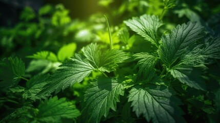 Green stinging nettle growing in the forest, close-up. Natural background. Alternative medicine.