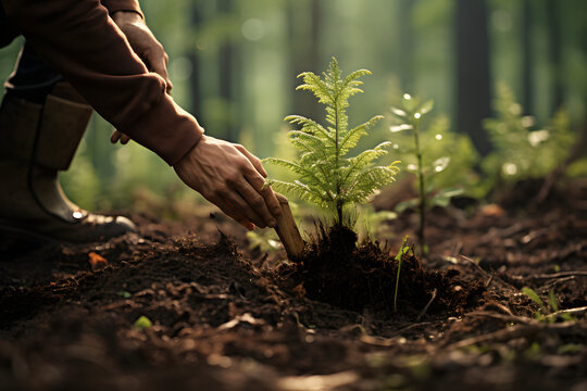 Close up of a hand planting a tree for forestration. Go Green concept