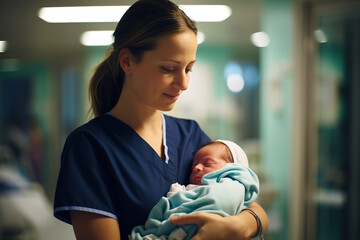 Nurse holding newborn baby in hospital. - obrazy, fototapety, plakaty