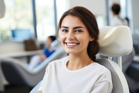 female at a dental clinic smiling in a dental chair.