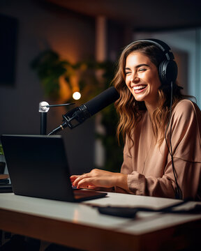 Female Caucasian Podcaster in Home Studio
