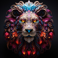 Obraz premium A 3D model of a lion's head built and decorated using LED neon that can produce a variety of beautiful and attractive colors. 