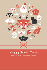 2024 New year card design. Cute dragon and Japanese auspicious things. For greeting cards, posters, flyers and banners etc.