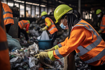 Female worker sorting trash material to be processed in a waste recycling plan with many colleagues in the background. Separate garbage collection. - obrazy, fototapety, plakaty