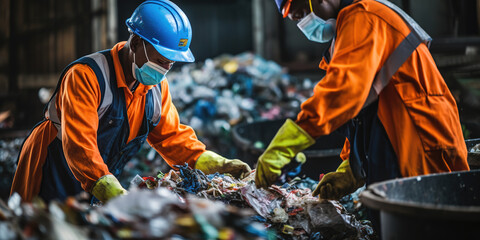 Interracial sorters in protective gloves and safety vests taking plastic containers from sacks while sorting trash together in waste disposal station, garbage sorting and recycling concept - obrazy, fototapety, plakaty