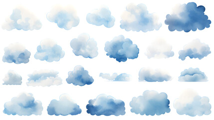 Watercolor set of sky blue clouds isolated on transparent background