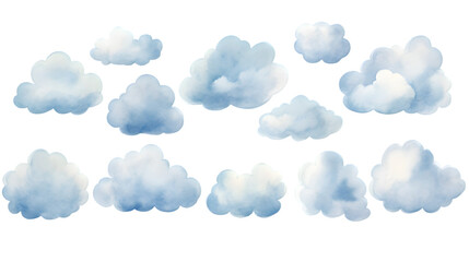 Watercolor set of sky blue clouds isolated on transparent background