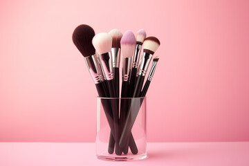 Set of professional makeup brushes on table against pink background. - Powered by Adobe
