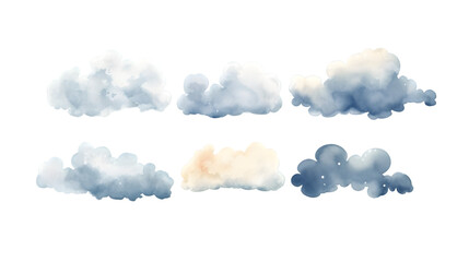 Watercolor set of sky blue clouds isolated on transparent background