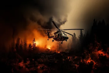 Poster Fire fighting helicopter flying over forest fire and smoke on the mountain. © Bojan
