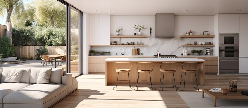 Contemporary kitchen and living area with a view of the yard With copyspace for text