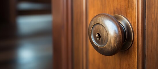 Close up photo of wooden doorknob indicating door status With copyspace for text