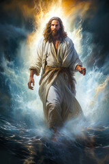 Jesus Christ our Savior walking on turbulent waters under the storm in rescue of humanity Generative AI Illustration