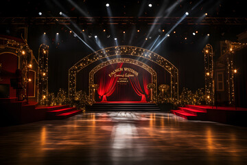 A promp stage party wedding scene lit with light. cinematic view