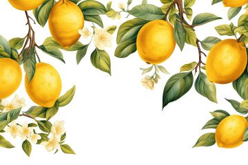 Botanical illustration, branch with lemons, white flowers, vintage plant illustration banner format for invitations.