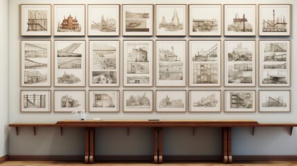A gallery wall of framed architectural blueprints