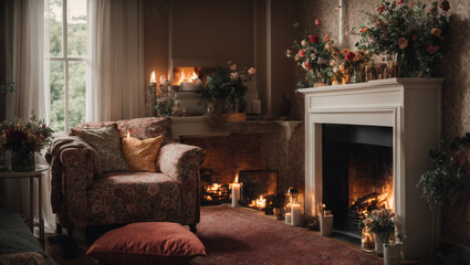 image of a cozy guest room with a fireplace and floral pattern 
