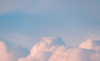 Surreal cloud podium outdoor on blue sky pink pastel clouds with empty space.Beauty cosmetic product placement pedestal present promotion minimal display,summer paradise dreamy concept.