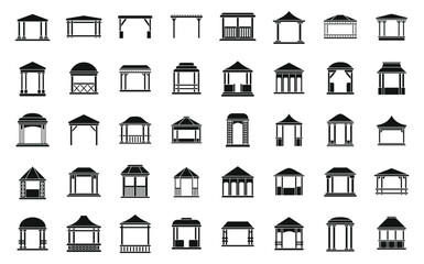 Pergola icons set simple vector. Gazebo park. Wooden alcove patio - obrazy, fototapety, plakaty