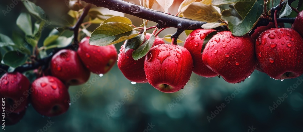 Poster apples hanging from a tree branch with copyspace for text