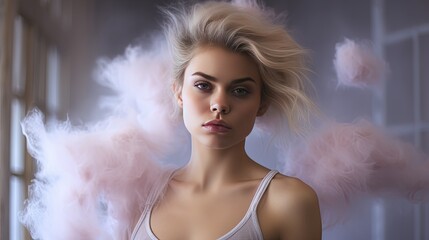 Model portraying a serene expression with soft smoke wafts around, creating a dreamy ambiance.