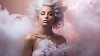 Model portraying a serene expression with soft smoke wafts around, creating a dreamy ambiance.