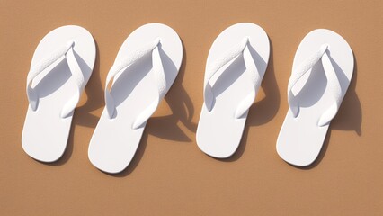 Four Pairs Of White Flip Flops On A Tan Background