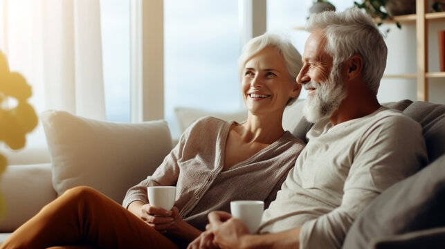 HAPPY ELDERLY MARRIED COUPLE ON THE SOFA. image created by legal AI