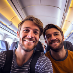 HAPPY GAY COUPLE TAKING SELFIE IN THE AIRPLANE CABIN. image created by legal AI